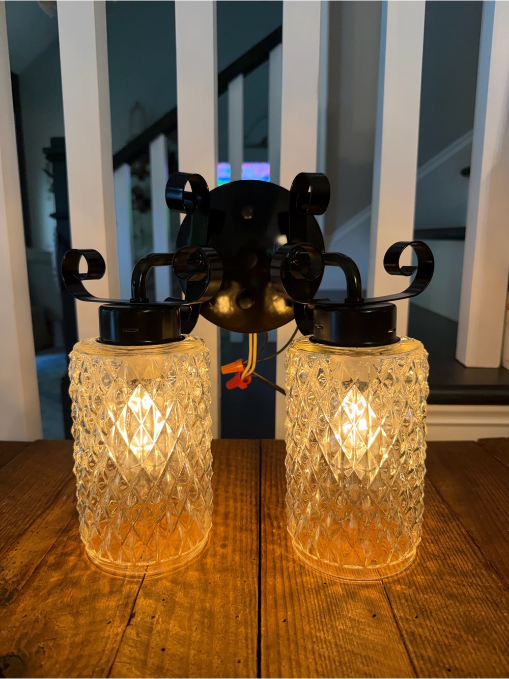 Gothic Farmhouse Black Double Wall Sconce with Textured Glass Shades